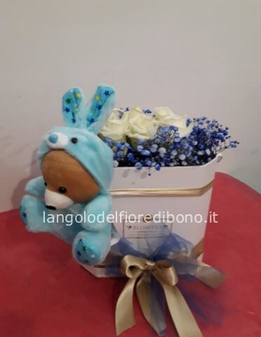"FLOWER BOX" Con rose fresche + peluche