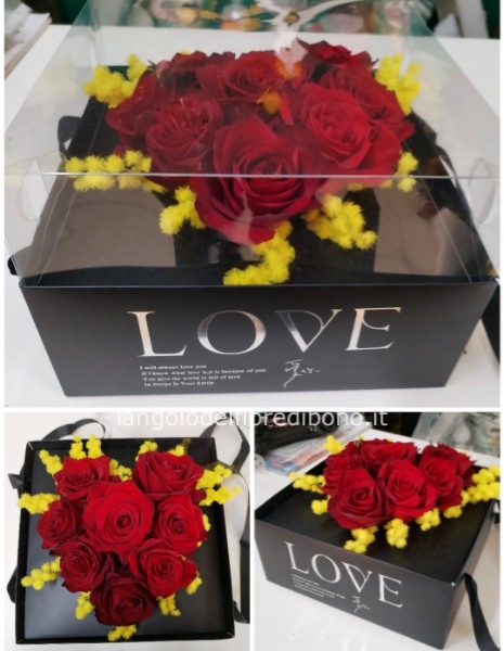 Scatola LOVE 25X25 con Rose e mimosa